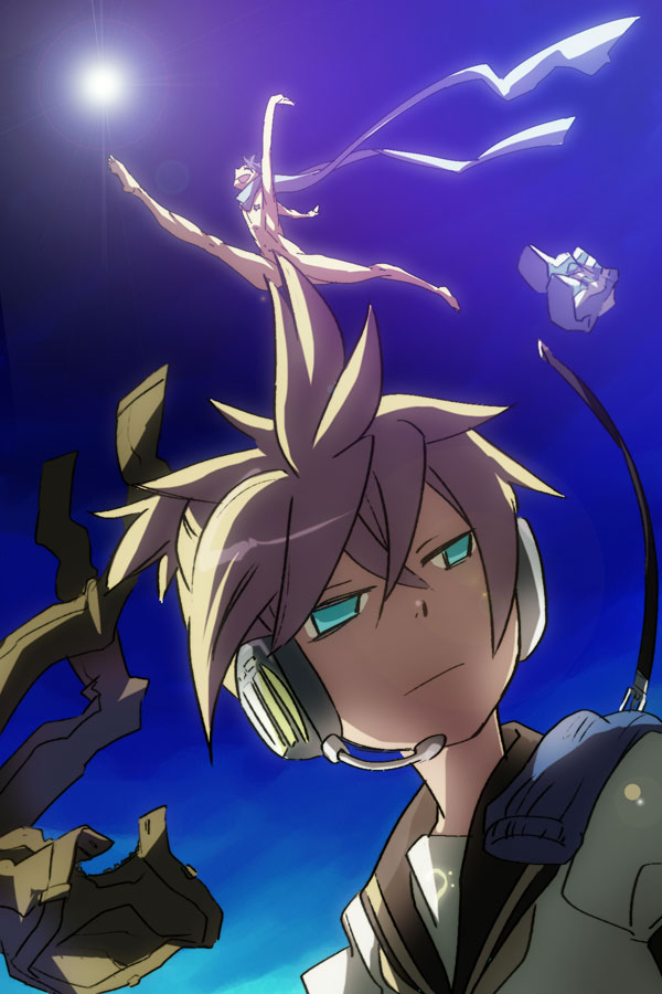 2boys, blonde_hair, blue_eyes, blue_hair, censored, convenient_censoring, day, emamu, headphones, jumping, kagamine_len, kaito_(vocaloid), male_focus, multiple_boys, naked_scarf, nude, pants, scarf, sky, split, sugikiyu, sun, vocaloid