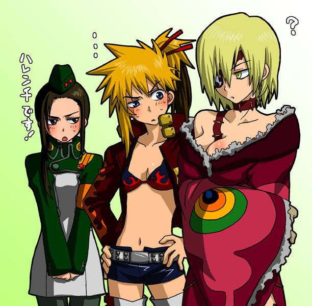 3girls, ?, adiane, adiane_(cosplay), belt, bikini, bikini_top_only, blonde_hair, breasts, brown_hair, cosplay, eyepatch, garrison_cap, genderswap, genderswap_(mtf), hat, if_they_mated, jacket, japanese_clothes, kimono, kinon_(cosplay), kinon_bachika, kittan_bachika, leather, leather_jacket, midriff, multicolored_hair, multiple_girls, navel, ponytail, rossiu_adai, shorts, skirt, small_breasts, swimsuit, tattoo, tengen_toppa_gurren_lagann, thighhighs, translation_request, viral_(ttgl), yoko_littner, yoko_littner_(cosplay)