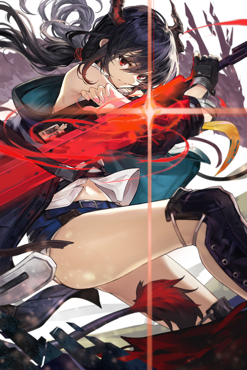 1girl, arknights, bare_shoulders, belt, black_gloves, black_hair, black_jacket, blue_shorts, ch'en_(arknights), ch'en_(elite_ii)_(arknights), diffraction_spikes, dragon_horns, dragon_tail, female_focus, fingerless_gloves, floating_hair, gloves, goomrrat, highres, holding, holding_sword, holding_weapon, horns, jacket, long_hair, looking_at_viewer, off_shoulder, red_eyes, serious, shirt, short_shorts, shorts, sleeveless, sleeveless_shirt, solo, sword, tail, thighs, weapon