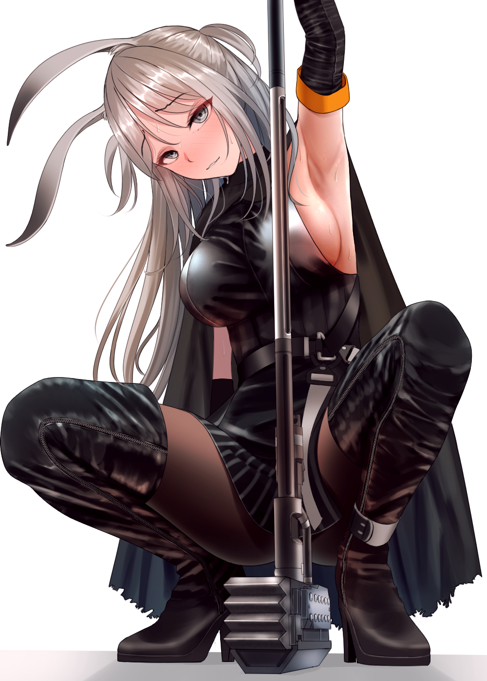 1girl, animal_ears, arknights, arm_up, armpits, bare_shoulders, black_boots, black_pantyhose