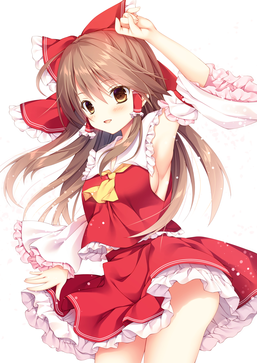 1girl, arm_up, armpits, ascot, blush, bow, breasts, brown_eyes