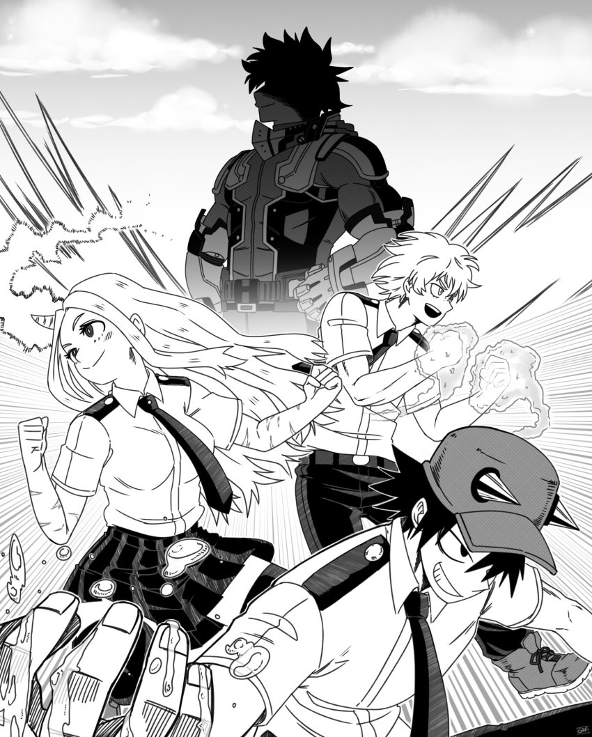 1girl, 3boys, aged_up, boku_no_hero_academia, eri_(boku_no_hero_academia), greyscale, hands_on_own_hips, hat