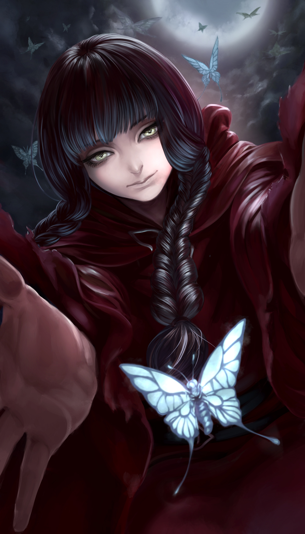 1girl, alternate_hair_color, black_hair, blue_butterfly, blunt_bangs, braid, bug, butterfly, capelet, dress, fata_morgana_no_yakata, female_focus, green_eyes, highres, insect, long_hair, long_sleeves, looking_at_viewer, moon, morgana_(fata_morgana_no_yakata), moyatarou, official_art, outstretched_arms, reaching, reaching_towards_viewer, red_dress, solo, twin_braids