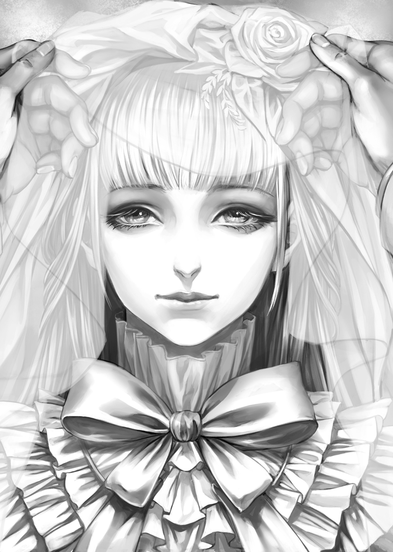 1girl, blunt_bangs, bow, fata_morgana_no_yakata, female_focus, flower, frills, greyscale