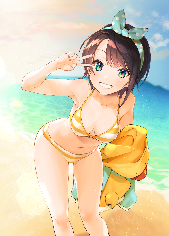 1girl, aqua_eyes, arm_up, armpits, beach, bikini, blue_sky, breasts