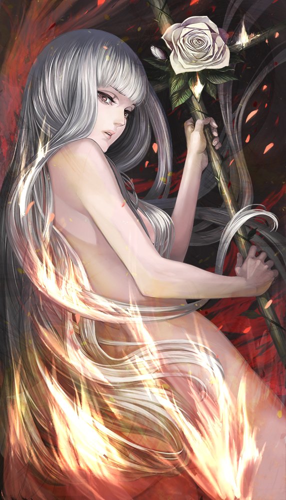 1girl, albino, blunt_bangs, cowboy_shot, fata_morgana_no_yakata, female_focus, flower, convenient_hair, long_hair, looking_at_viewer, moyatarou, nude, official_art, parted_lips, red_eyes, rose, solo, straight_hair, the_white-haired_girl, white_flower, white_hair, white_rose