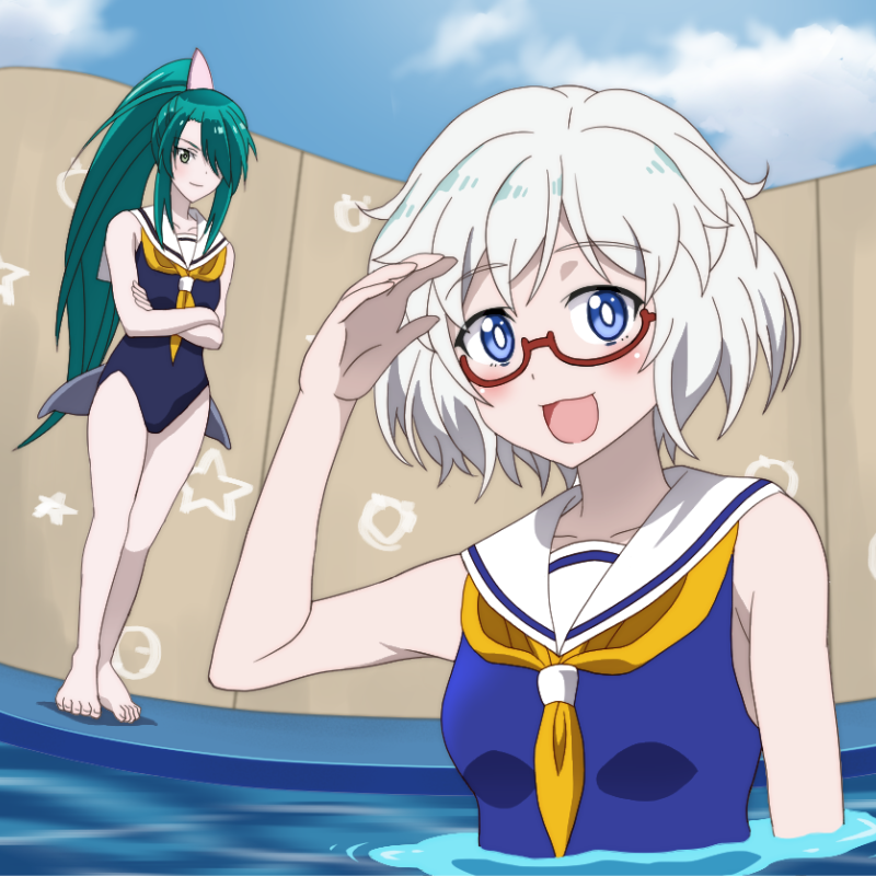 2girls, bando_ruka, bright_pupils, cetacean_tail, character_request, commentary_request, fins, fish_tail, glasses, green_eyes, green_hair, long_hair, multiple_girls, murenase!_shiiton_gakuen, one-piece_swimsuit, onomekaman, ponytail, pool, sailor_collar, shiiton_gakuen_school_uniform_(sea_branch), shiraumi_kana, swimsuit, tail, very_long_hair, wading, white_hair