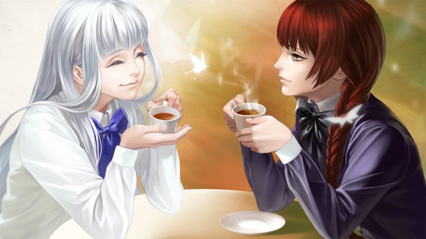 2girls, black_bow, blue_bow, blunt_bangs, bow, bowtie, braid, bug