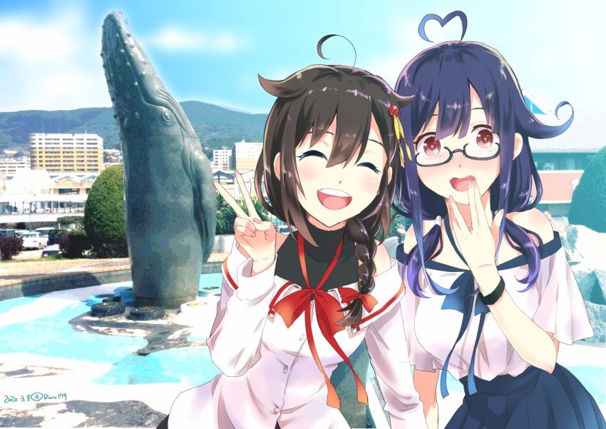 2girls, ^_^, ahoge, aikawa_ruru, alternate_costume, bare_shoulders, bespectacled, black-framed_eyewear, black_hair, blouse, blue_skirt, blush, braid, casual, closed_eyes, commentary_request, facing_viewer, glasses, hair_flaps, hair_ornament, hair_over_shoulder, heart, heart_ahoge, highres, kantai_collection, long_hair, looking_at_viewer, low_twintails, multiple_girls, off-shoulder_shirt, off_shoulder, official_alternate_costume, open_mouth, purple_hair, red_eyes, sasebo, shigure_(kancolle), shirt, single_braid, skirt, taigei_(kancolle), twintails, watch, white_shirt, wristwatch