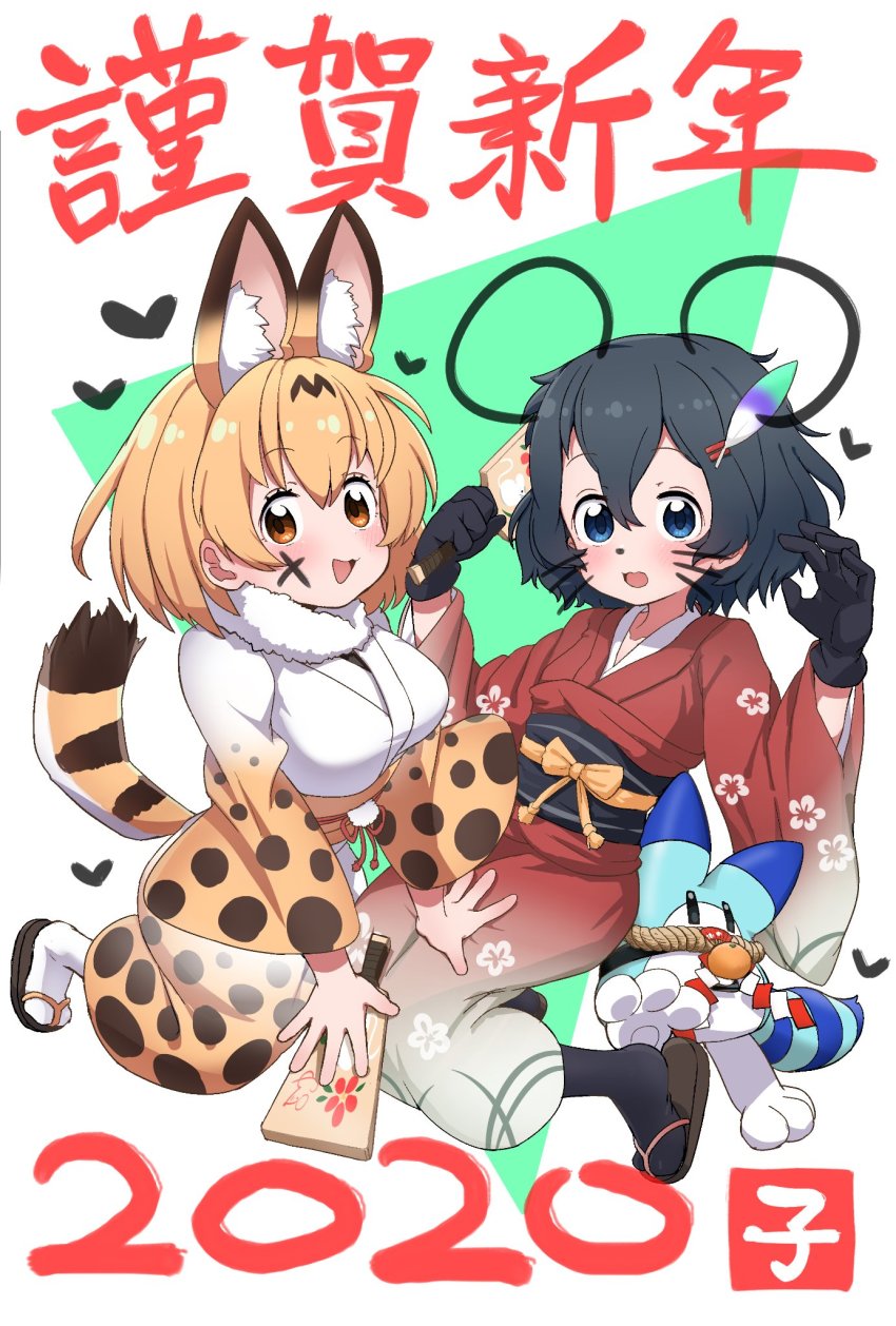 2girls, animal_ears, black_hair, blonde_hair, blue_eyes, body_writing, cat_ears, cat_tail
