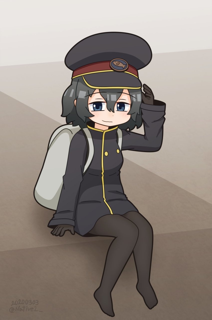 1girl, backpack, bag, black_hair, black_leggings, blue_eyes, coat, gloves