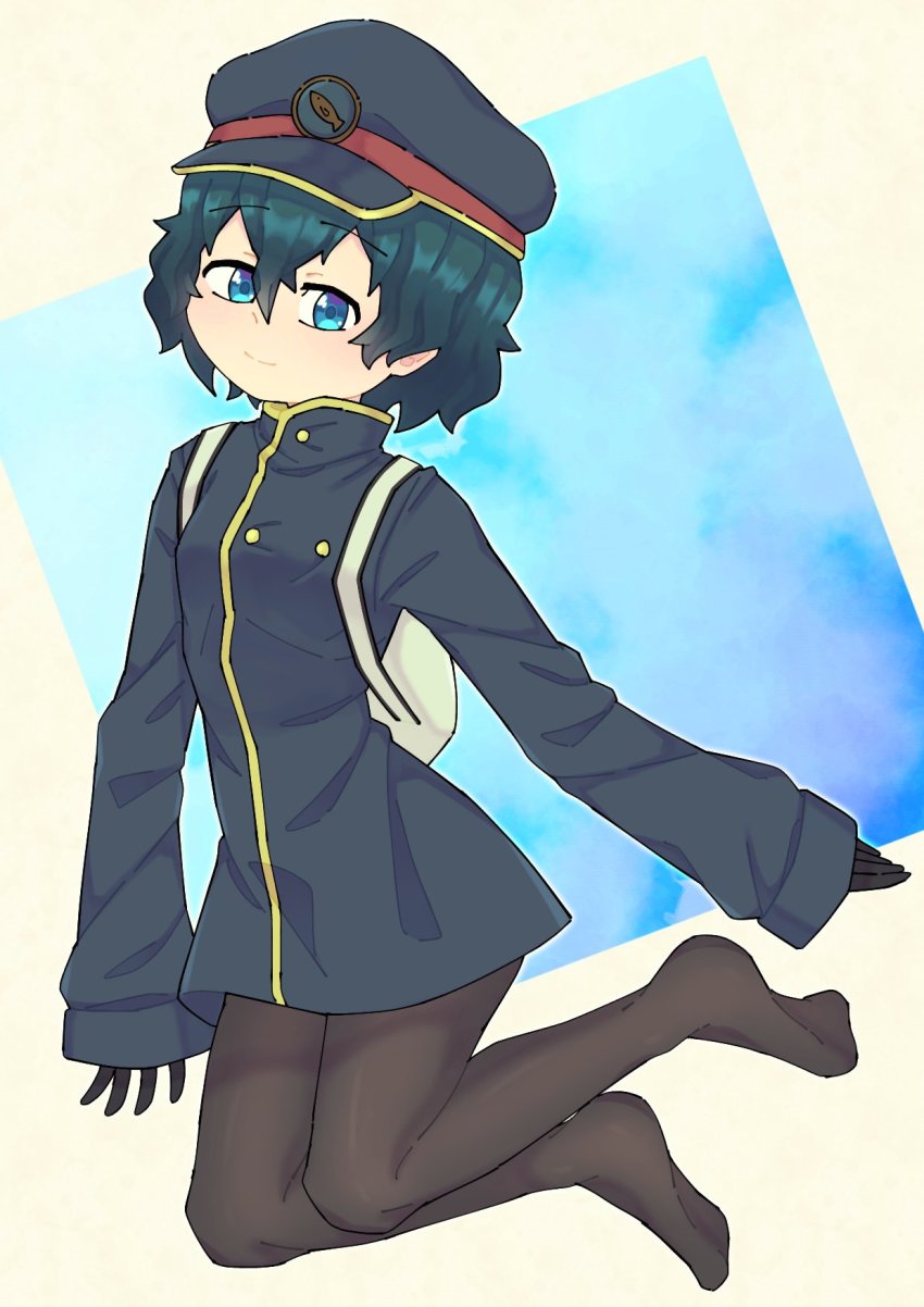 1girl, alternate_costume, backpack, bag, black_hair, black_leggings, blue_eyes, coat