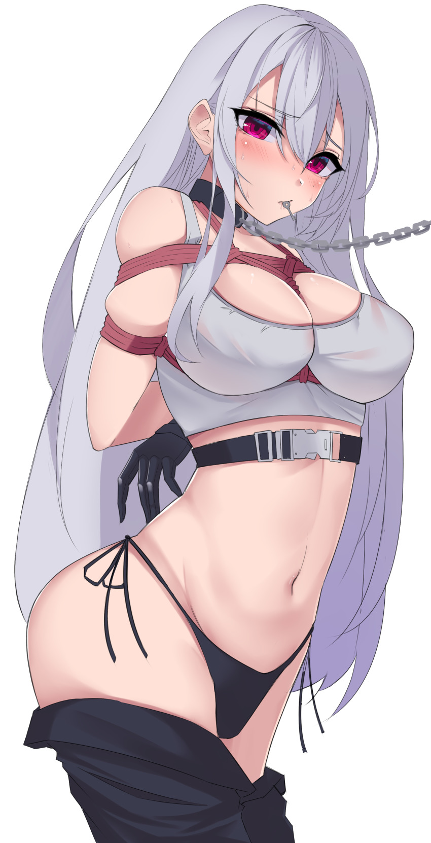 1girl, absurdres, ass, azur_lane, bandaged_arm, bandages, bare_shoulders, bdsm, black_gloves, black_panties, blush, bondage, bound, breasts, cleavage, collar, crop_top, female_focus, gloves, hair_between_eyes, harris_hero, highres, key, large_breasts, leash, long_hair, looking_at_viewer, mole, navel, panties, pants, purple_eyes, restrained, shibari, silver_hair, slave, solo, sovetskaya_rossiya_(azur_lane), sovetskaya_rossiya_(the_lackadaisical_lookout)_(azur_lane), underwear, very_long_hair