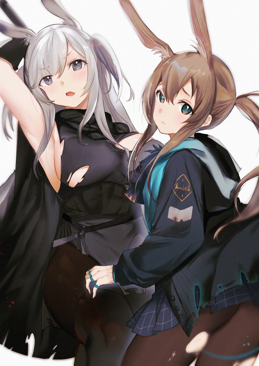 2girls, amiya_(arknights), animal_ears, arknights, arm_up, armpits, asura_(moepeach), bare_shoulders