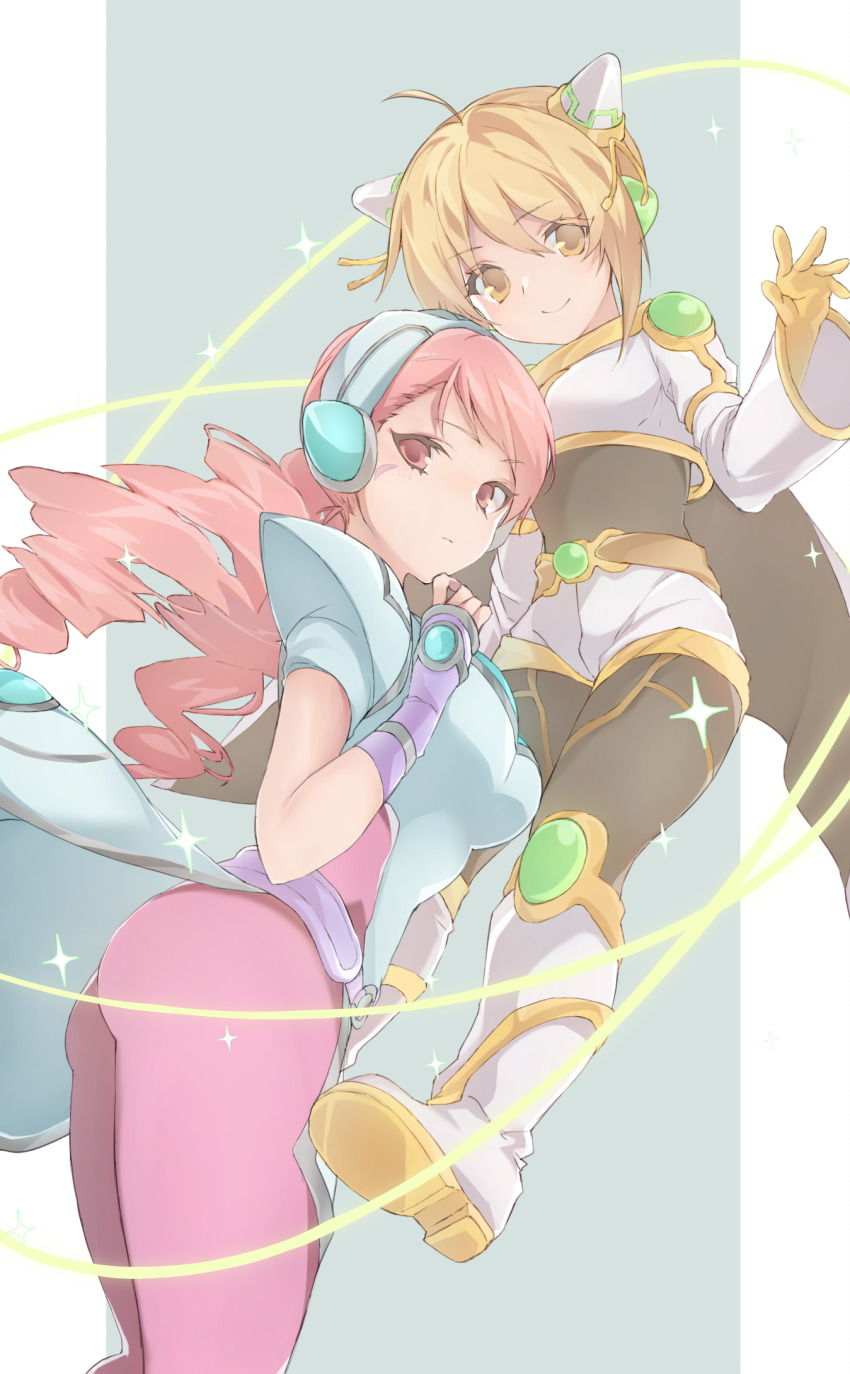 2girls, ahoge, armor, ass, black_bodysuit, blonde_hair, blue_background, bodysuit