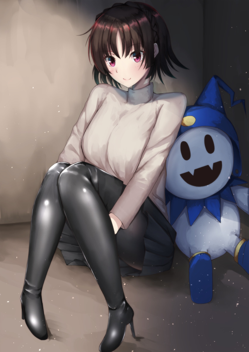 1girl, black_footwear, black_pantyhose, black_skirt, boots, braid, brown_hair, closed_mouth