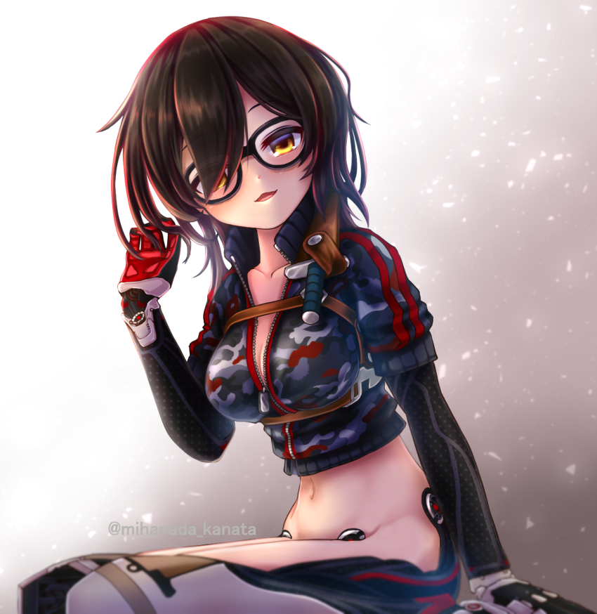 1girl, black-framed_eyewear, black_jacket, blush, breasts, brown_hair, camouflage, camouflage_jacket