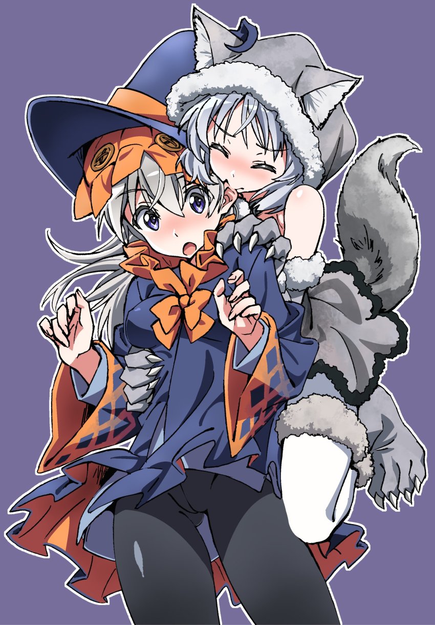 2girls, absurdres, animal_hood, bare_shoulders, biting, black_legwear, commentary_request, crotch_seam