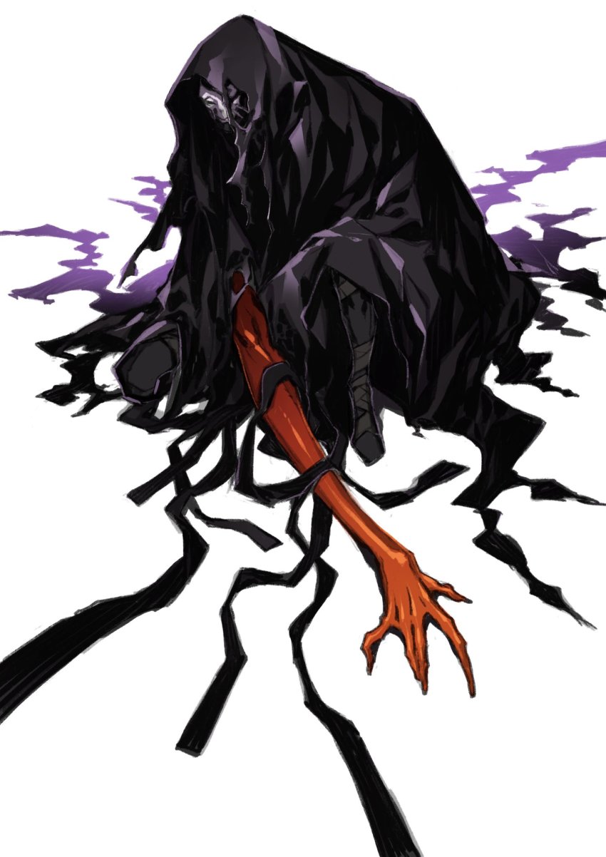 1boy, black_skin, claws, cloak, colored_skin, fate/stay_night, fate_(series), hassan_of_the_cursed_arm_(fate), highres, male_focus, mask, miwa_shirow, oversized_limbs, red_skin, skull_mask, solo, squatting, zabaniya_(fate)