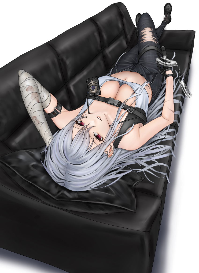 1girl, absurdres, azur_lane, bandaged_arm, bandages, bare_shoulders, black_gloves, black_pants, breasts, cleavage, couch, crop_top, female_focus, gloves, hair_between_eyes, highres, large_breasts, long_hair, looking_at_viewer, navel, on_couch, pants, red_eyes, shirt, silver_hair, solo, sovetskaya_rossiya_(azur_lane), sovetskaya_rossiya_(the_lackadaisical_lookout)_(azur_lane), torn_clothes, very_long_hair, you