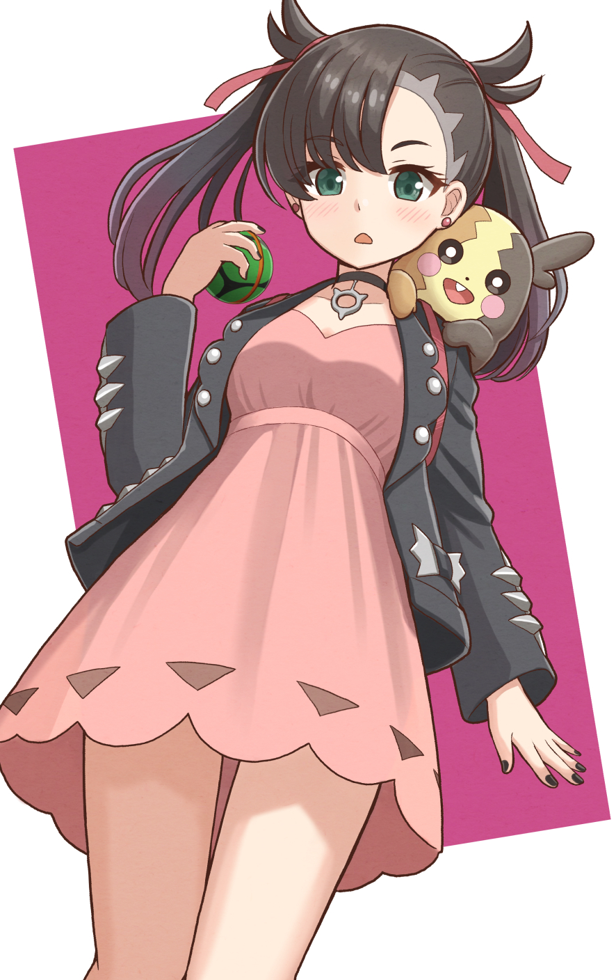 1girl, aqua_eyes, asymmetrical_bangs, asymmetrical_hair, black_hair, black_jacket, black_nails, blush