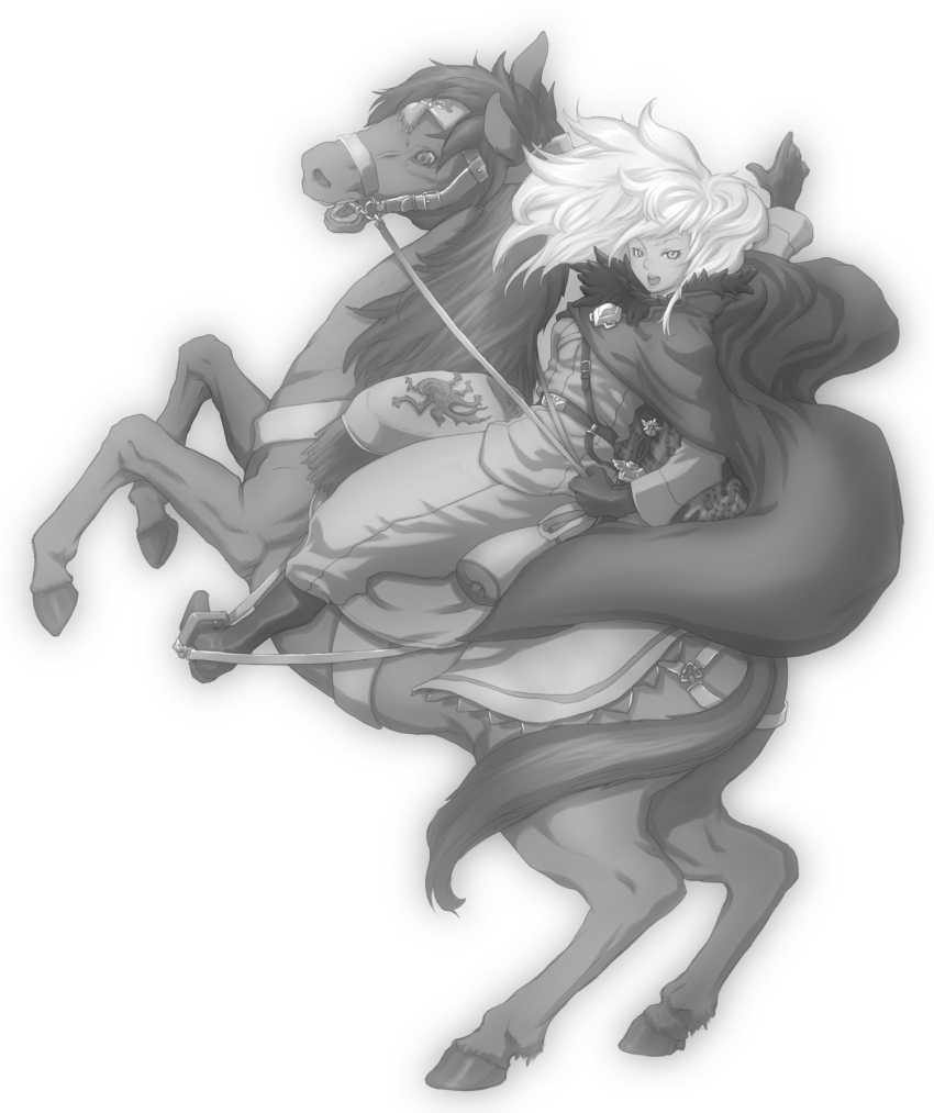 1girl, animal, belt, blonde_hair, boots, cape, feathers, female_focus, fine_art_parody, gloves, greyscale, highres, horse, julia_werner_tsaritsyno_roshchina, koukoku_no_shugosha, long_hair, military, military_uniform, monochrome, napoleon_crossing_the_alps, parody, shuniku, solo, sword, weapon