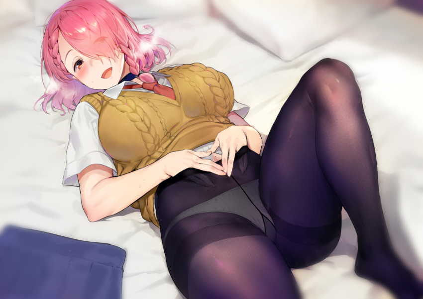 1girl, :d, aran_sweater, bed_sheet, black_pantyhose, blurry, blush, braid, braided_bangs, breasts, cable_knit, collared_shirt, colored_skin, depth_of_field, dokyuu_hentai_hxeros, eyes_visible_through_hair, female_focus, gusset, hair_over_one_eye, hand_in_pantyhose, heavy_breathing, high-waist_pantyhose, ikuchan_kaoru, large_breasts, legs_folded, looking_at_viewer, lying, multicolored_skin, necktie, no_shoes, on_back, on_bed, open_mouth, own_hands_together, panties, panties_under_pantyhose, pantyhose, pillow, pink_hair, red_eyes, red_necktie, shirayuki_maihime, shirt, short_hair, skirt, smile, solo, sweater, sweater_vest, thighband_pantyhose, underwear, unworn_skirt