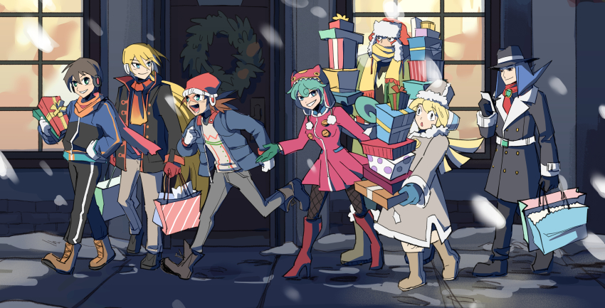 2girls, 5boys, alternate_costume, android, axl_(mega_man), beanie, black_eyes, blonde_hair