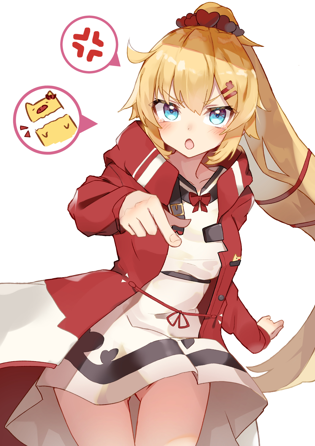 1girl, akai_haato, akai_haato_(loungewear), blonde_hair, blue_eyes, blush, clothes_lift, collarbone