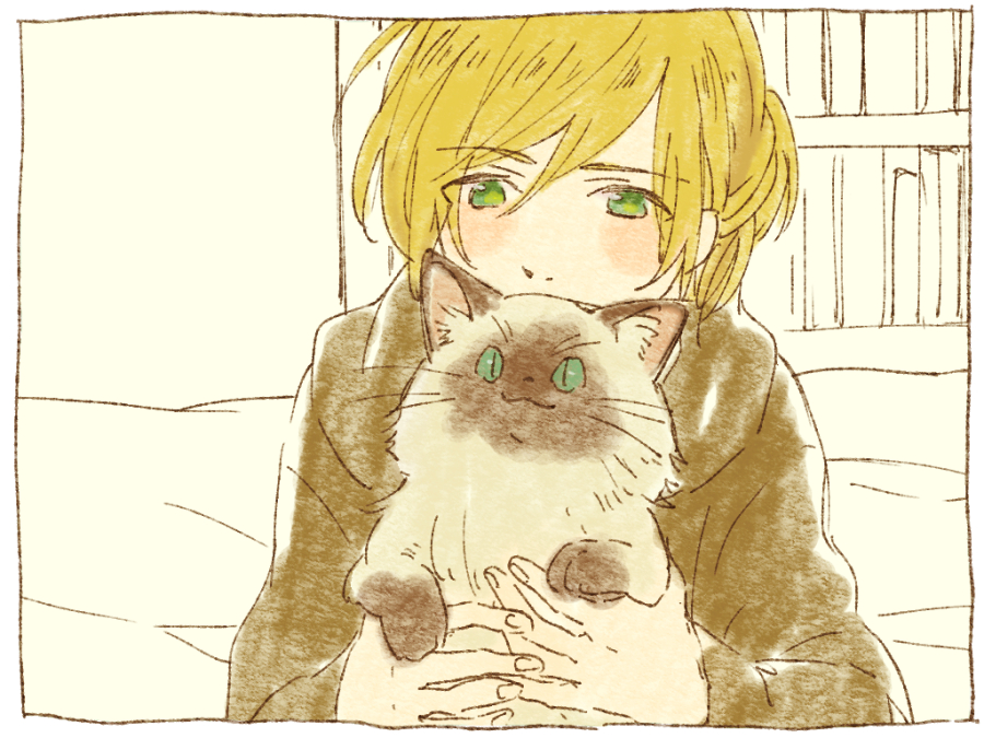 1boy, amamiya_konatsu, animal, blonde_hair, cat, green_eyes, holding, holding_animal