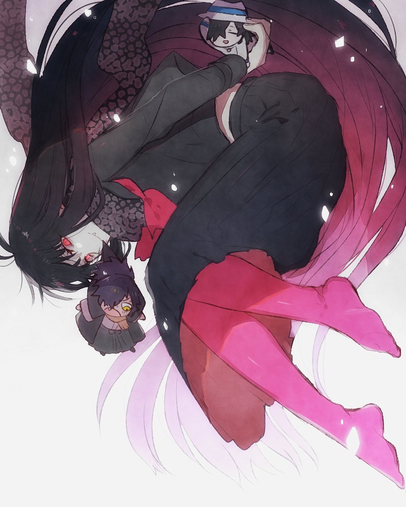 black_hair, chibi, fang, fate/grand_order, fate_(series), fedora, hair_over_one_eye, hat