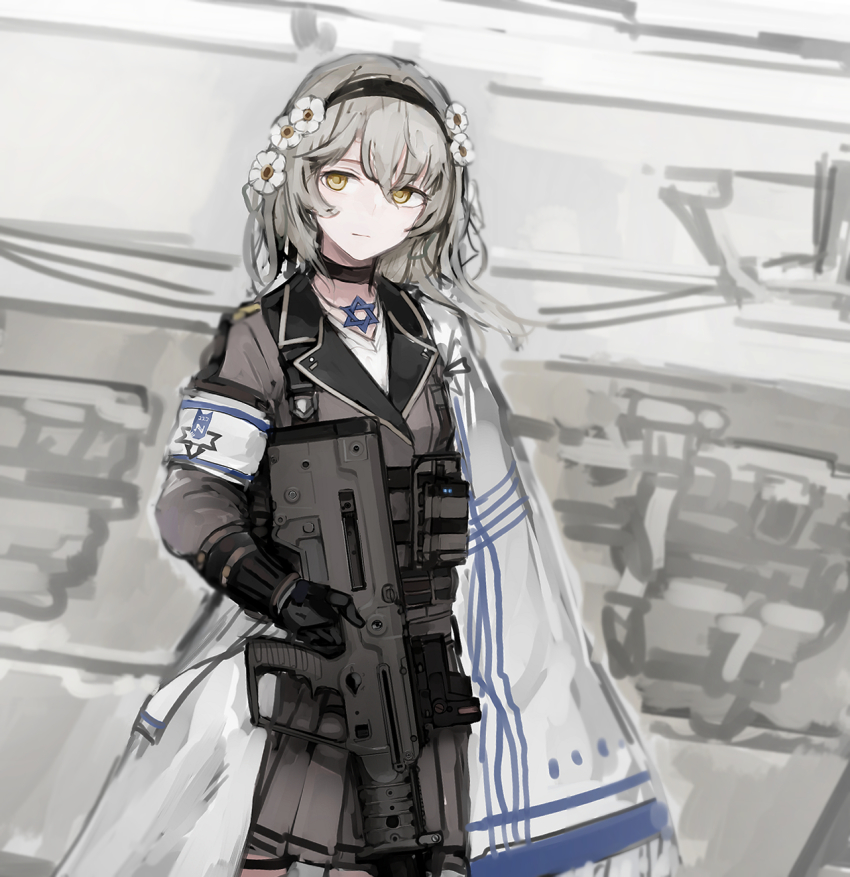 1girl, armband, assault_rifle, brown_eyes, bullpup, carbine, choker, female_focus