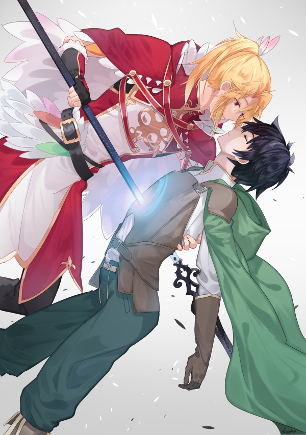 2boys, blonde_hair, boots, brown_hair, cape, cloak, closed_eyes, fingerless_gloves, gloves, green_cape, hair_ornament, holding, holding_polearm, holding_spear, holding_weapon, hood, hooded_cloak, iwatani_naofumi, kiruri_(mimosayoshi), kitamura_motoyasu, multiple_boys, polearm, ponytail, red_eyes, short_hair, smile, spear, tate_no_yuusha_no_nariagari, weapon, wing_hair_ornament, yaoi, yari_no_yuusha_no_yarinaoshi