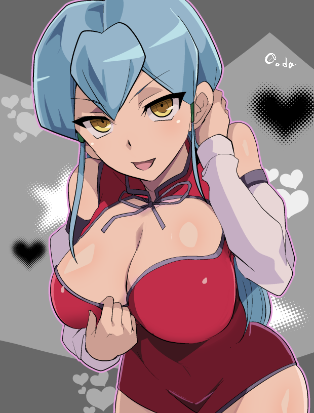 1girl, adjusting_hair, aqua_hair, bare_shoulders, blue_hair, breasts, cardfight!!_vanguard, china_dress, chinese_clothes, cleavage, cleavage_cutout, clothing_cutout, covered_navel, cowboy_shot, detached_sleeves, dress, female_focus, gillian_chen, hands_up, heart, hip_focus, large_breasts, long_hair, looking_at_viewer, oda_koziki, open_mouth, red_dress, signature, simple_background, smile, solo, standing, yellow_eyes
