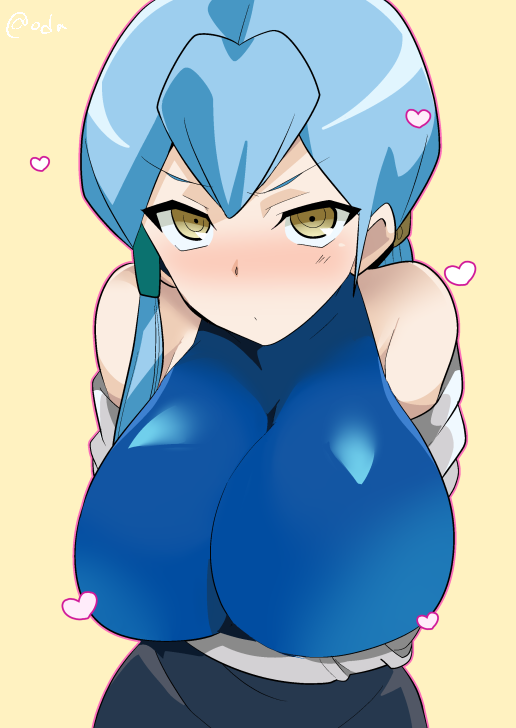 1girl, aqua_hair, bare_shoulders, black_skirt, blue_hair, blue_shirt, blush, breasts, cardfight!!_vanguard, closed_mouth, crossed_arms, facing_viewer, female_focus, gillian_chen, gradient_background, heart, large_breasts, long_hair, looking_at_viewer, nose_blush, oda_koziki, shirt, signature, simple_background, skirt, solo, upper_body, yellow_background, yellow_eyes