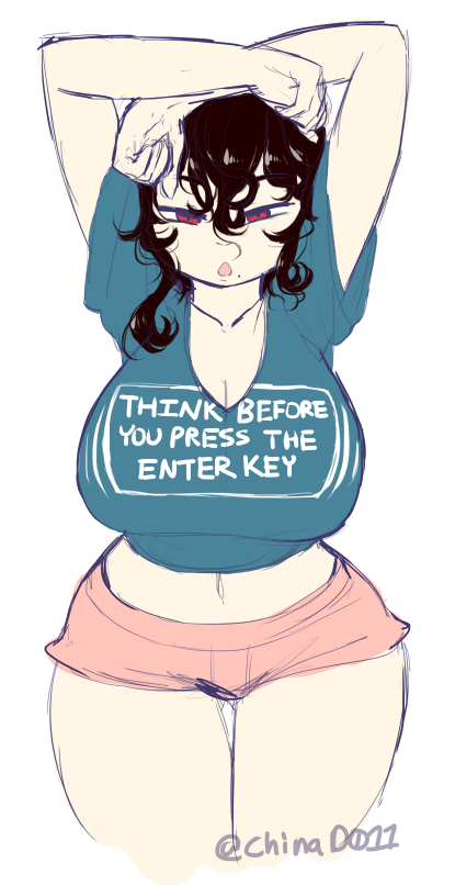 1girl, arms_up, black_hair, breasts, chinad011, cleavage, clothes_writing, cropped_legs