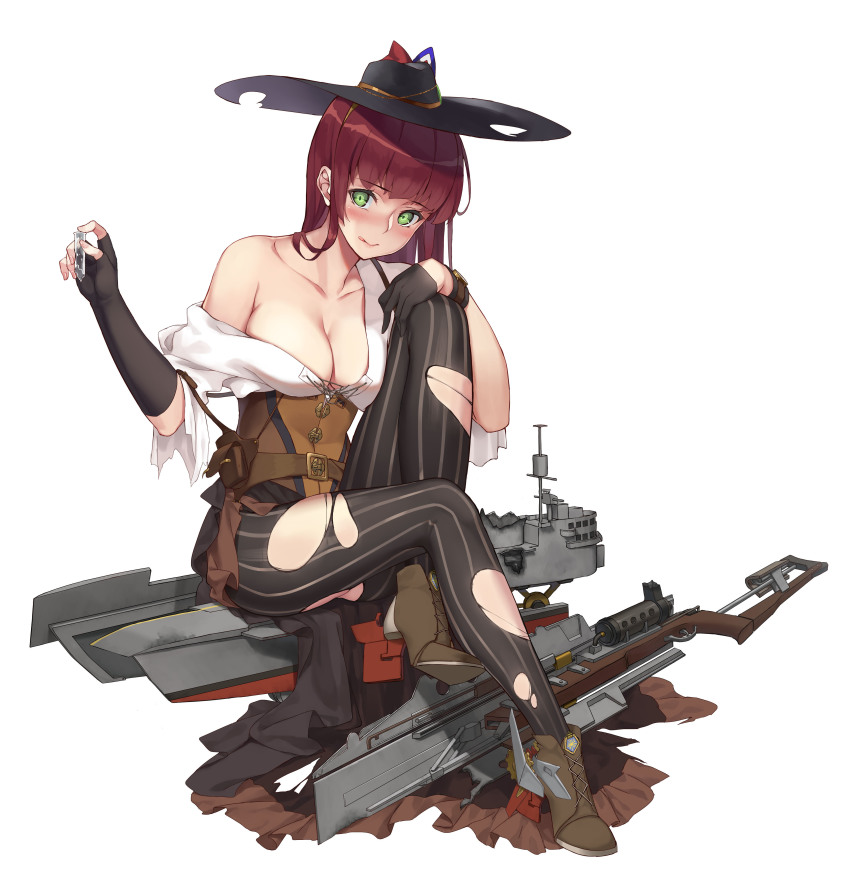 1girl, absurdres, asymmetrical_gloves, black_gloves, black_hat, black_pantyhose, breasts, corset