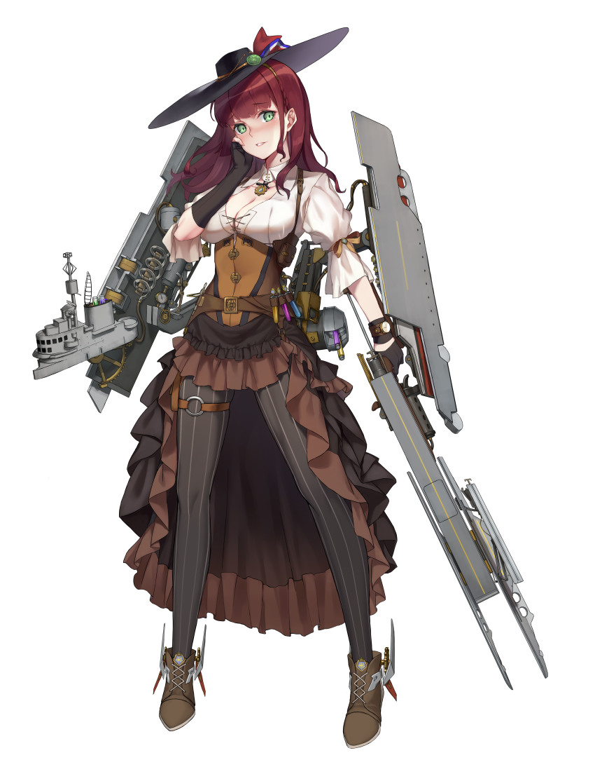 1girl, absurdres, asymmetrical_gloves, black_gloves, black_headwear, black_pantyhose, breasts, corset