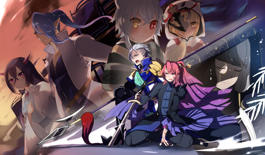 2girls, 4boys, :o, animal_ears, black_hair, bleeding, blonde_hair, blood, blue_hair, brooch, elf, en_(pixiv_fantasia_age_of_starlight), closed_eyes, grey_hair, hair_between_eyes, hair_over_one_eye, halberd, hand_up, heterochromia, highres, holding, holding_sword, holding_weapon, horns, jewelry, kagami_(pixiv_fantasia_age_of_starlight), long_hair, long_sleeves, monocle, multiple_boys, multiple_girls, mutsu_(pixiv_fantasia_age_of_starlight), narumiko_busa, pink_hair, pixiv_fantasia, pixiv_fantasia_age_of_starlight, pointy_ears, polearm, red_eyes, shinano_(pixiv_fantasia_age_of_starlight), shiryu_(pixiv_fantasia_age_of_starlight), shouting, sitting, sword, tao_(pixiv_fantasia_age_of_starlight), tiger_fang_thistle, weapon, wide_sleeves, yellow_eyes