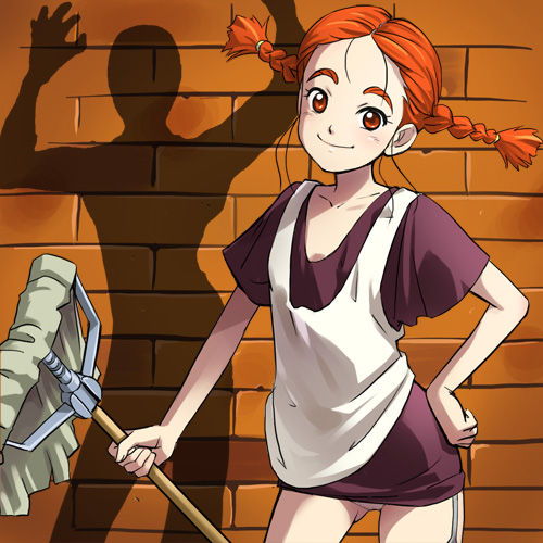 1980s_(style), 1990s_(style), 1girl, 2006, blush, braid, brick, brick_wall, cowboy_shot, daddy_long_legs, different_shadow, dress, facing_viewer, garter_straps, hair_tie, hand_on_own_hip, haruyama_kazunori, head_tilt, holding, holding_mop, judy_abbott, looking_at_viewer, lowres, mop, nippon_animation, oldschool, panties, panty_peek, parted_hair, purple_dress, red_eyes, red_hair, retro_artstyle, running_bond, shadow, short_hair, short_sleeves, silhouette, smile, smock, standing, twin_braids, underwear, upskirt, watashi_no_ashinaga_ojisan, world_masterpiece_theater