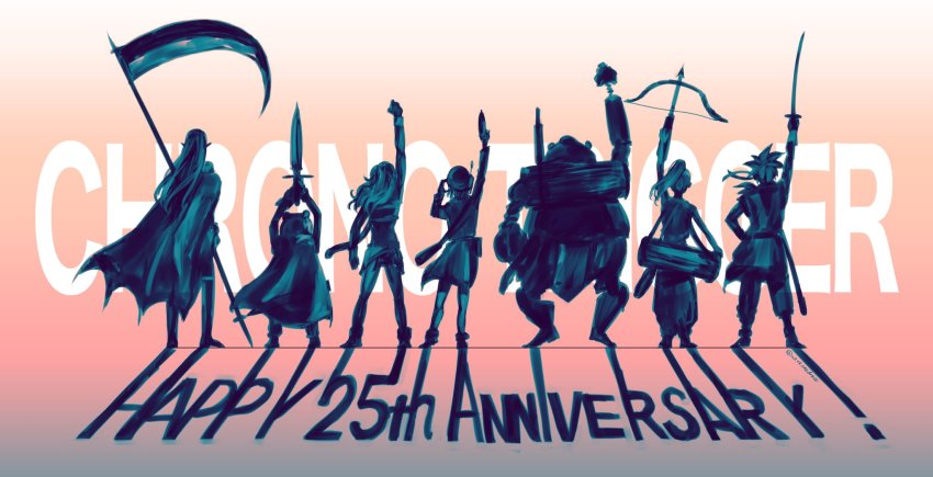 3girls, 4boys, akitaka_(s_asai), anniversary, arm_up, ayla_(chrono_trigger), bow_(weapon), cape, chrono_trigger, commentary, copyright_name, crono_(chrono_trigger), crossbow, frog_(chrono_trigger), from_behind, full_body, gradient_background, gun, hat, headband, highres, holding, holding_sword, holding_weapon, jumping, katana, lucca_ashtear, magus_(chrono_trigger), marle_(chrono_trigger), multiple_boys, multiple_girls, pointy_ears, ponytail, robo_(chrono_trigger), robot, scythe, shadow, standing, sword, weapon