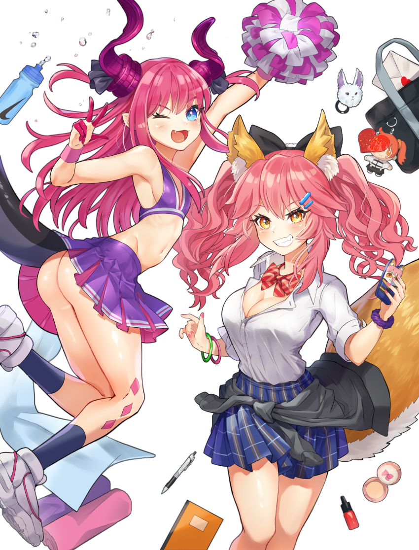 2girls, alternate_costume, animal_ears, ass, bare_arms, bare_shoulders, black_bow, black_socks, blue_eyes, blue_skirt, blush, bow, breasts, cheerleader, cleavage, clothes_around_waist, collared_shirt, commentary, commentary_request, curled_horns, dragon_horns, dragon_tail, elizabeth_bathory_(cheerleader)_(fate), elizabeth_bathory_(fate), elizabeth_bathory_(fate/extra), fang, fate/grand_order, fate_(series), fox_ears, fox_tail, fujimaru_ritsuka_(female), grin, hair_bow, hair_ornament, hairclip, highres, horns, kneehighs, large_breasts, long_hair, long_sleeves, looking_at_viewer, medium_breasts, multiple_girls, navel, official_alternate_costume, one_eye_closed, open_mouth, orange_eyes, pink_hair, pleated_skirt, pointy_ears, pom_pom_(cheerleading), purple_skirt, ribbon, scrunchie, shirt, shoes, simple_background, skirt, slaon55, smile, socks, sweater, sweater_around_waist, tail, tamamo_jk_(fate), tamamo_no_mae_(fate), two_side_up, v, white_background, white_footwear, white_shirt, wrist_scrunchie, yellow_eyes