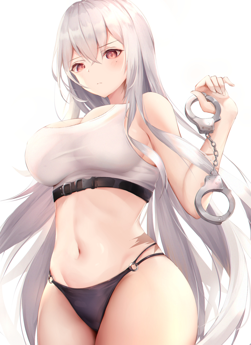 1girl, azur_lane, bare_shoulders, black_panties, blouse, blush, breasts, buckle, cleavage, closed_mouth, commentary_request, cowboy_shot, crop_top, crossed_bangs, cuffs, female_focus, groin, hair_between_eyes, hand_up, handcuffs, highres, holding, holding_handcuffs, kisaki_oni, large_breasts, light_frown, long_hair, looking_at_viewer, midriff, mole, mole_under_eye, multi-strapped_panties, navel, no_pants, o-ring, o-ring_bottom, panties, red_eyes, revision, scar, shirt, silver_hair, simple_background, sleeveless, sleeveless_shirt, snap-fit_buckle, solo, sovetskaya_rossiya_(azur_lane), sovetskaya_rossiya_(the_lackadaisical_lookout)_(azur_lane), standing, stomach, tank_top, taut_clothes, thighs, underbust, underwear, very_long_hair, white_background, white_tank_top