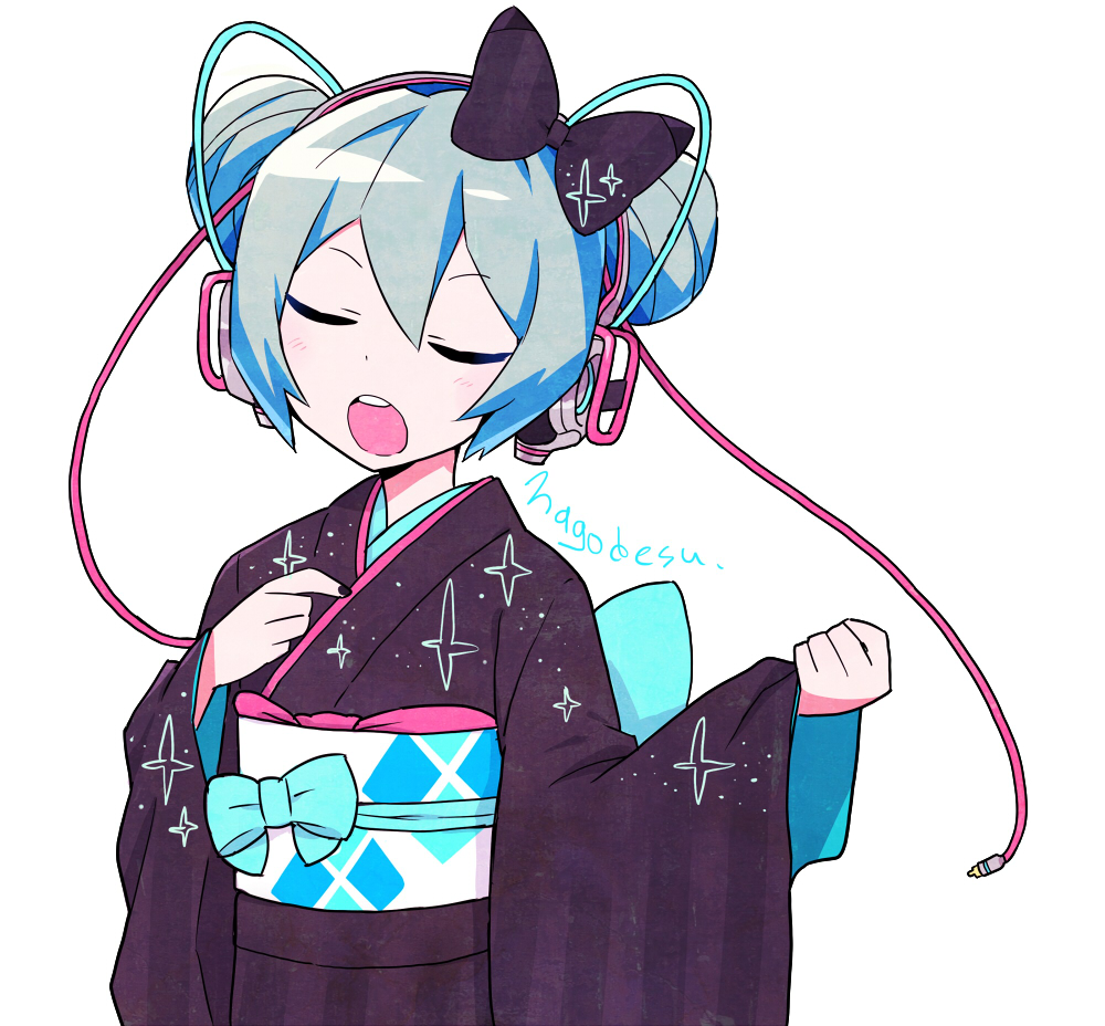 1girl, 39_music_(vocaloid), black_bow, black_kimono, black_nails, blush, bow, cable
