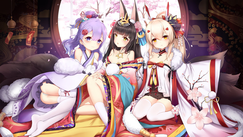 3girls, ahoge, animal_ear_fluff, animal_ears, ayanami_(azur_lane), ayanami_(pulse_of_the_new_year)_(azur_lane), azur_lane, bare_shoulders, black_hair, black_ribbon, blonde_hair, blush, breasts, detached_sleeves, dress, fox_ears, gala_(16901040), hair_between_eyes, hair_bun, hair_ornament, hair_ribbon, headgear, high_ponytail, highres, indoors, japanese_clothes, long_hair, looking_at_viewer, medium_breasts, multiple_girls, nagato_(azur_lane), nagato_(guardian_fox's_shining_furisode)_(azur_lane), one_side_up, open_mouth, orange_eyes, panties, pantyshot, pleated_skirt, ponytail, purple_eyes, purple_hair, ribbon, side_bun, single_hair_bun, single_side_bun, skirt, stuffed_animal, stuffed_toy, stuffed_unicorn, thighhighs, underwear, unicorn_(azur_lane), unicorn_(prayer_of_plum_and_snow)_(azur_lane), very_long_hair, white_dress, white_legwear, white_panties, yellow_eyes