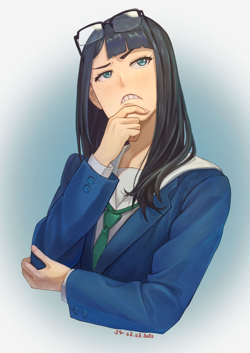 1girl, aqua_background, asymmetrical_bangs, black_hair, blazer, blue_jacket, blush, commentary