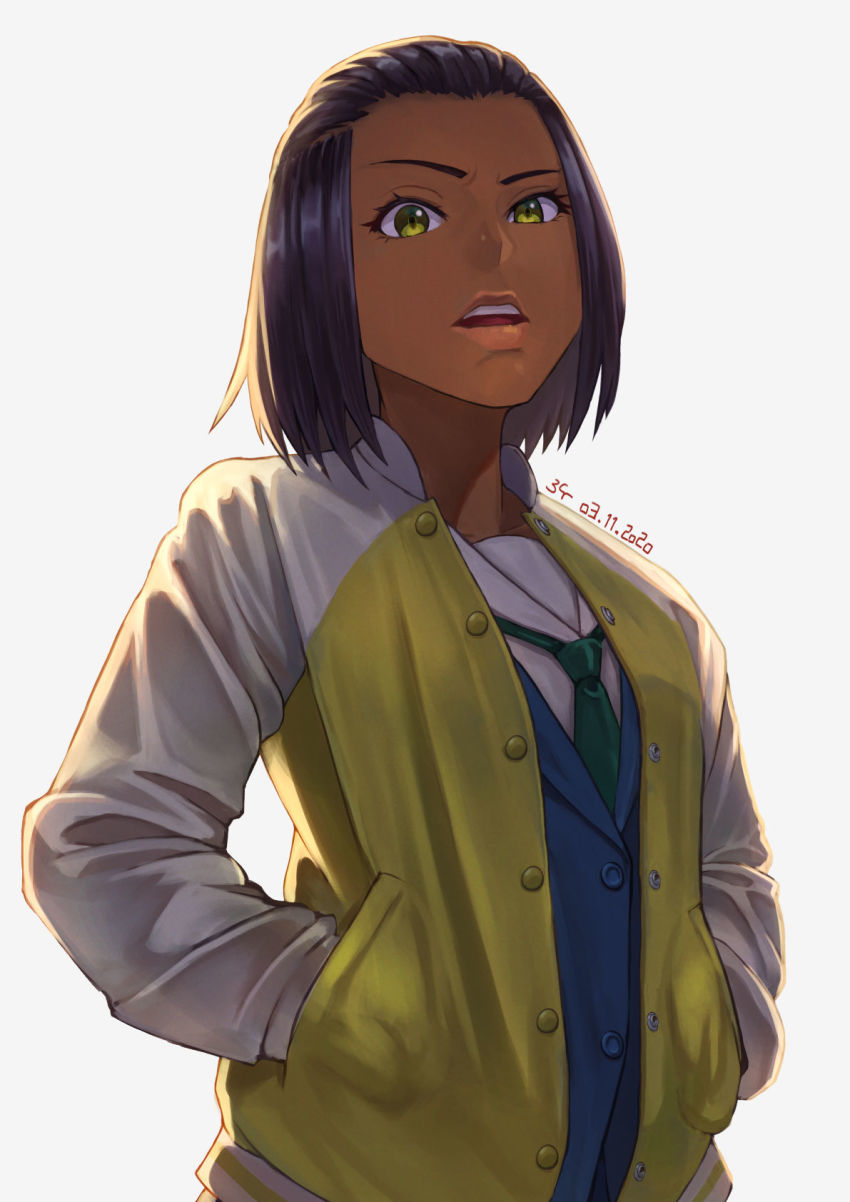 1girl, backlighting, black_hair, blazer, blue_jacket, bob_cut, commentary, dark-skinned_female, dark_skin, dated, dress_shirt, eizouken_ni_wa_te_wo_dasu_na!, female_focus, from_below, furrowed_brow, green_eyes, green_necktie, hair_slicked_back, hands_in_pockets, highres, jacket, letterman_jacket, lips, looking_at_viewer, necktie, raglan_sleeves, sakaki_sowande, sakumichi, school_uniform, shirt, short_hair, signature, simple_background, slit_pupils, solo, upper_body, white_background, white_jacket, white_shirt, yellow_jacket