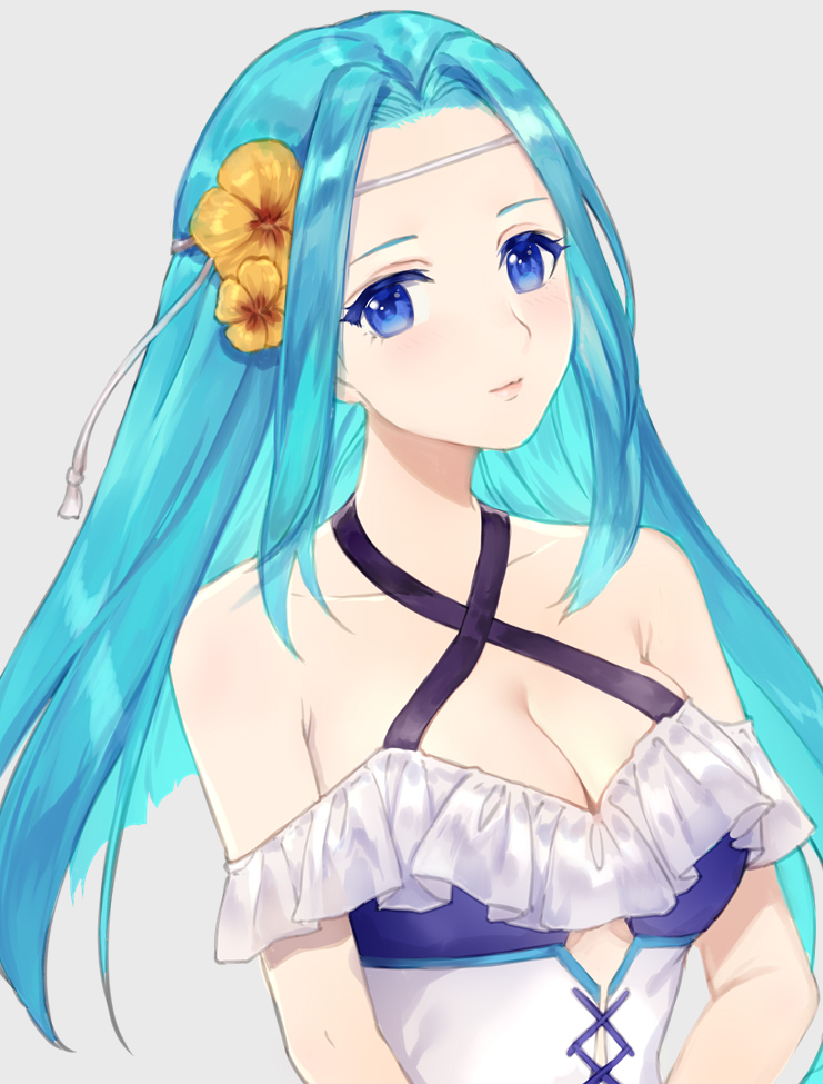 1girl, aqua_hair, bare_shoulders, blue_eyes, breasts, cleavage, criss-cross_halter, female_focus