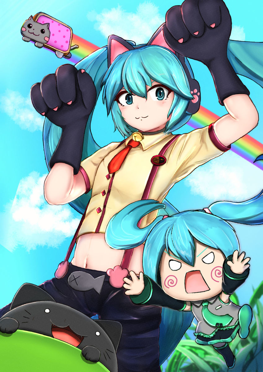 1girl, absurdly_long_hair, absurdres, animal_ear_headphones, animal_ears, animal_hands, animal_print, aqua_eyes