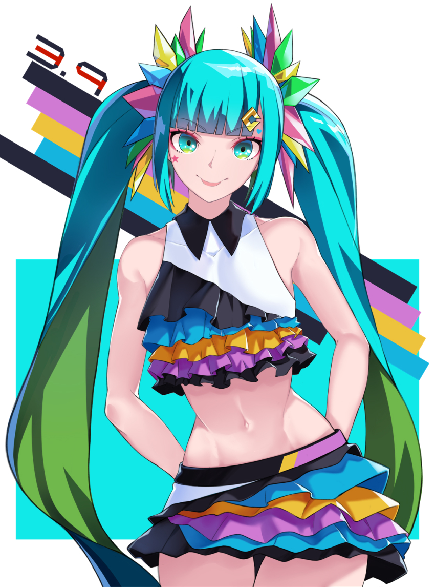 1girl, 39, :p, absurdly_long_hair, aqua_eyes, aqua_hair, arms_behind_back, artist_name